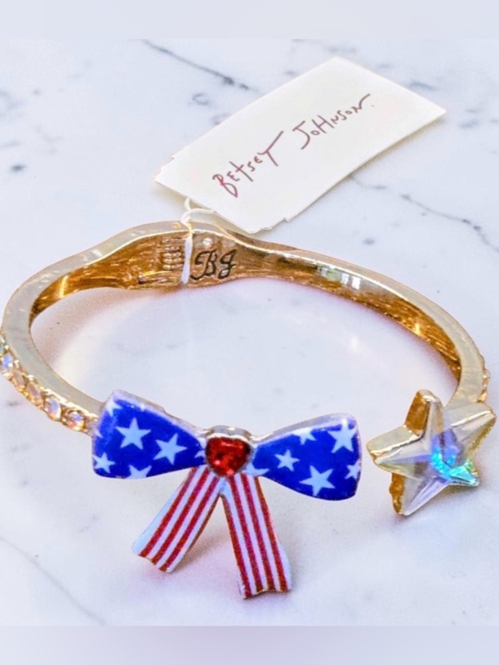 BETSEY JOHNSON Americana Patriotic Flag Red White & Blue Hinged Bracelet NEW NWT